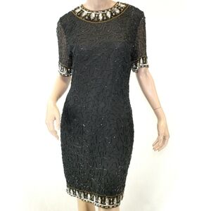 AJ BARI 80's Vintage Elegant Black Gold Beaded Embellished Silk Mini Dress(#579)